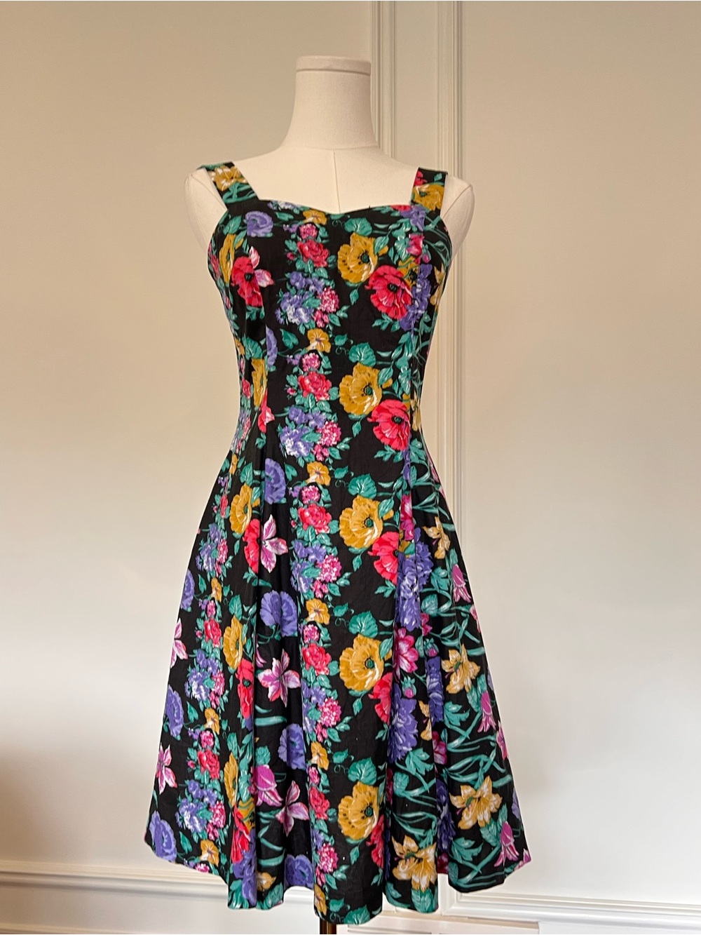 Vintage 80s 90s Black Floral Cotton Fit & Flare Midi Sundress Cottagecore XS/S
